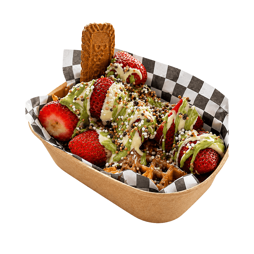 FreshLane waffle bowl topped with strawberries, matcha drizzle, and toppings